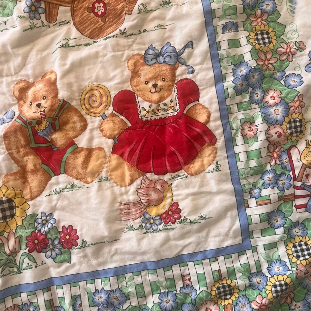 Vintage Teddy Bear Garden Quilted Baby Blanket Floral Picket Fence Nursery Blue